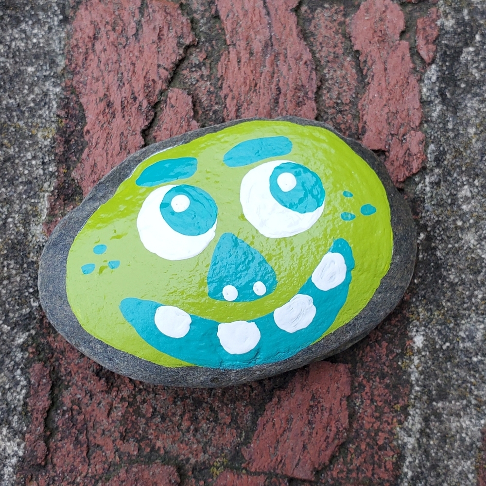 Original Cute Hand-Painted Green Silly Monster Face Rock By Mattoodles